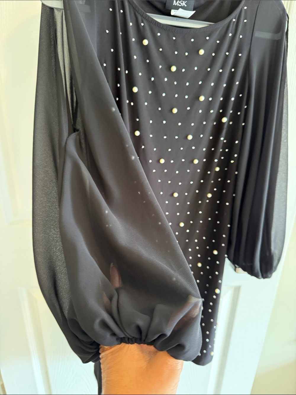 MSK Black Sheer Bishop Sleeve Pearl & Rhinestone Shift Dress - Picture 5 of 7